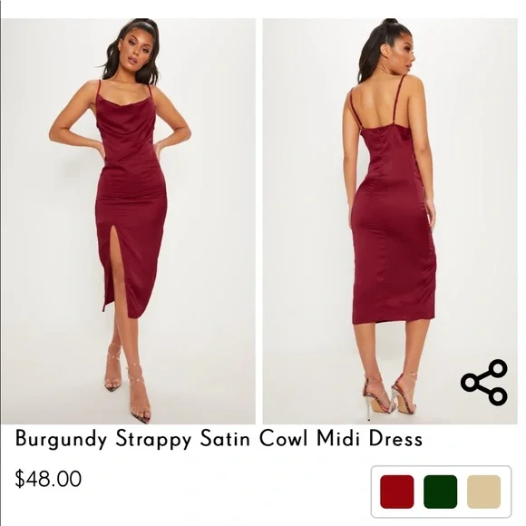 PrettyLittleThing Dresses Burgundy Strappy Satin Cowl Midi
